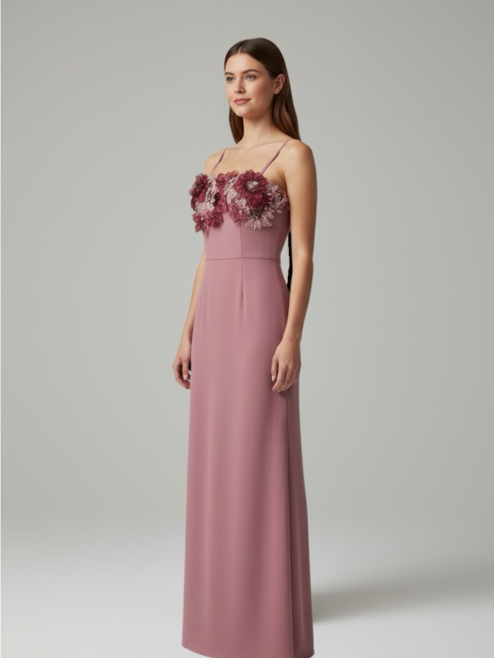 New Elegant Rene Ruiz Dusty Rose Maxi Dress with Floral Appliqué size 4